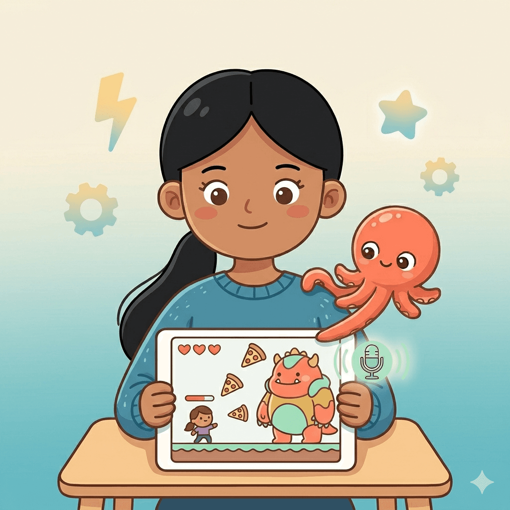 Best coding app for 10-year-olds: a 10-year-old girl builds a platformer with a custom boss fight on a tablet by describing it to Loo the AI buddy