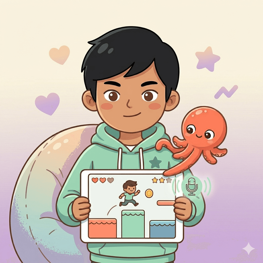 Best coding app for 11-year-olds: an 11-year-old boy builds a multi-level platformer on a tablet by describing it to Loo the AI buddy