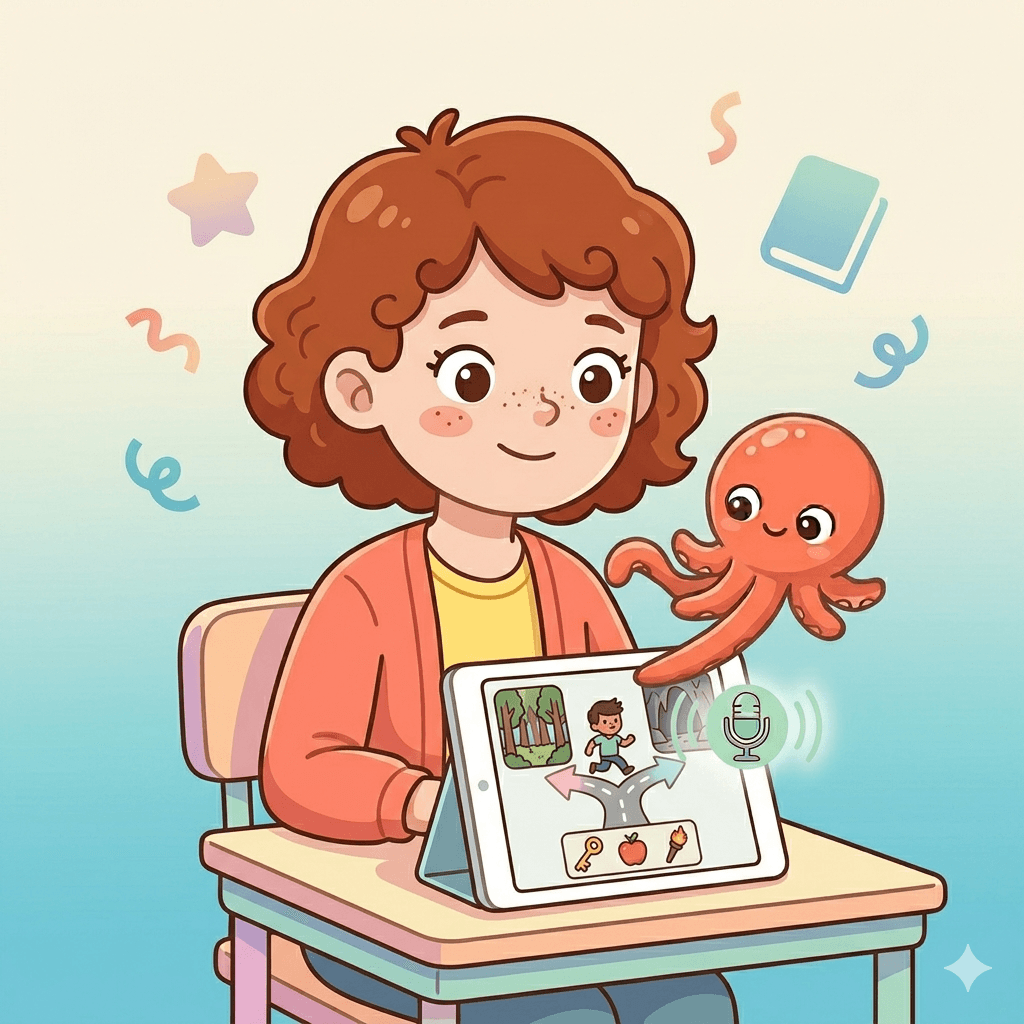 Best coding app for 12-year-olds: a 12-year-old girl builds a branching adventure story game on a tablet by describing it to Loo the AI buddy