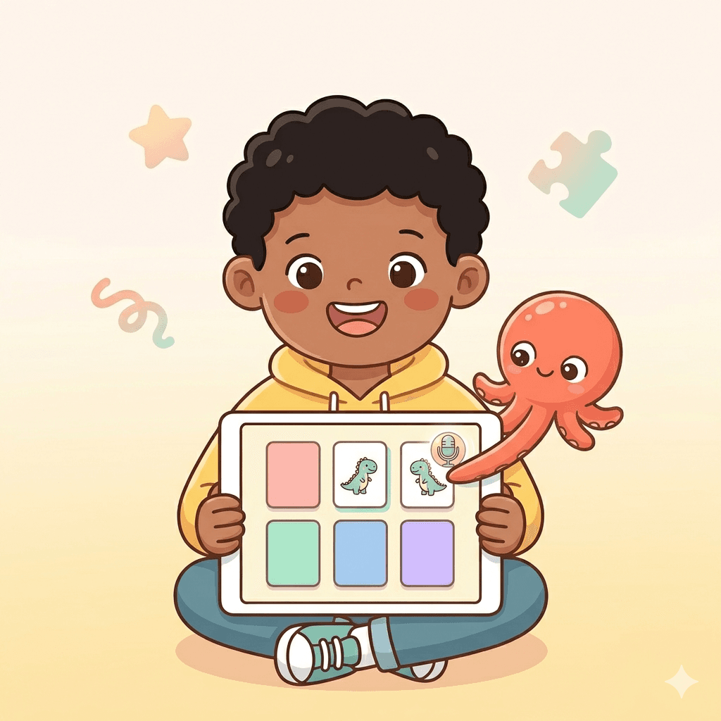 Best coding app for 6-year-olds: a 6-year-old boy builds a memory-matching game on a tablet by describing it to Loo the AI buddy
