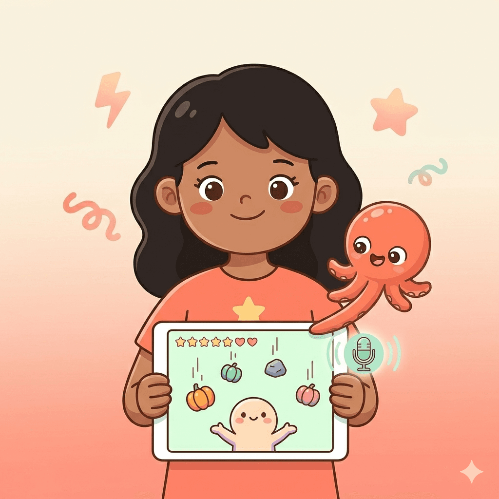 Best coding app for 8-year-olds: an 8-year-old girl builds her own catch-the-items game on a tablet by describing it to Loo the AI buddy