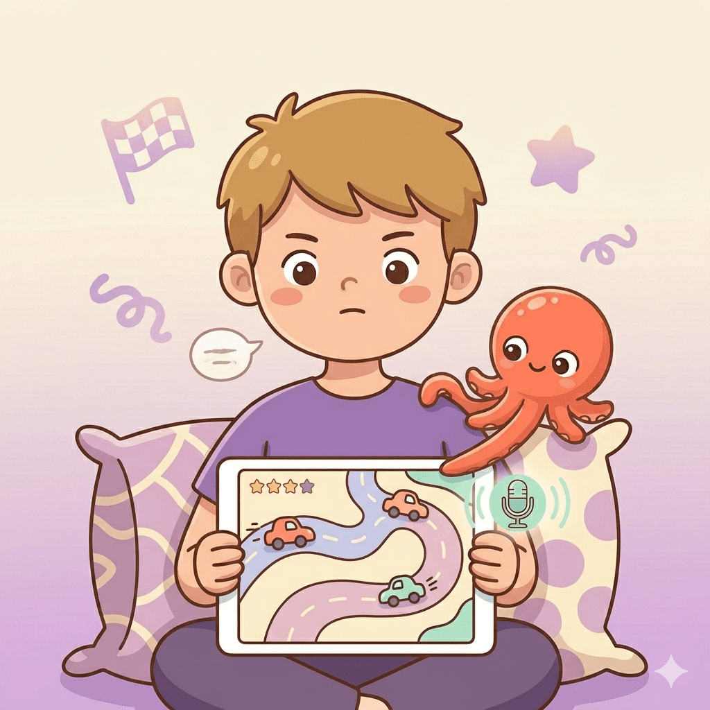 Best coding app for 9-year-olds: a 9-year-old boy builds his own race game on a tablet by describing the tracks and rules to Loo the AI buddy