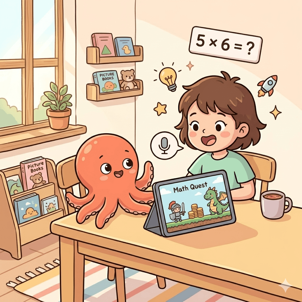A 7-year-old at a kitchen table speaks a game idea out loud to Loo, the friendly Buildaloo octopus, while a half-finished Math Quest plays on the screen