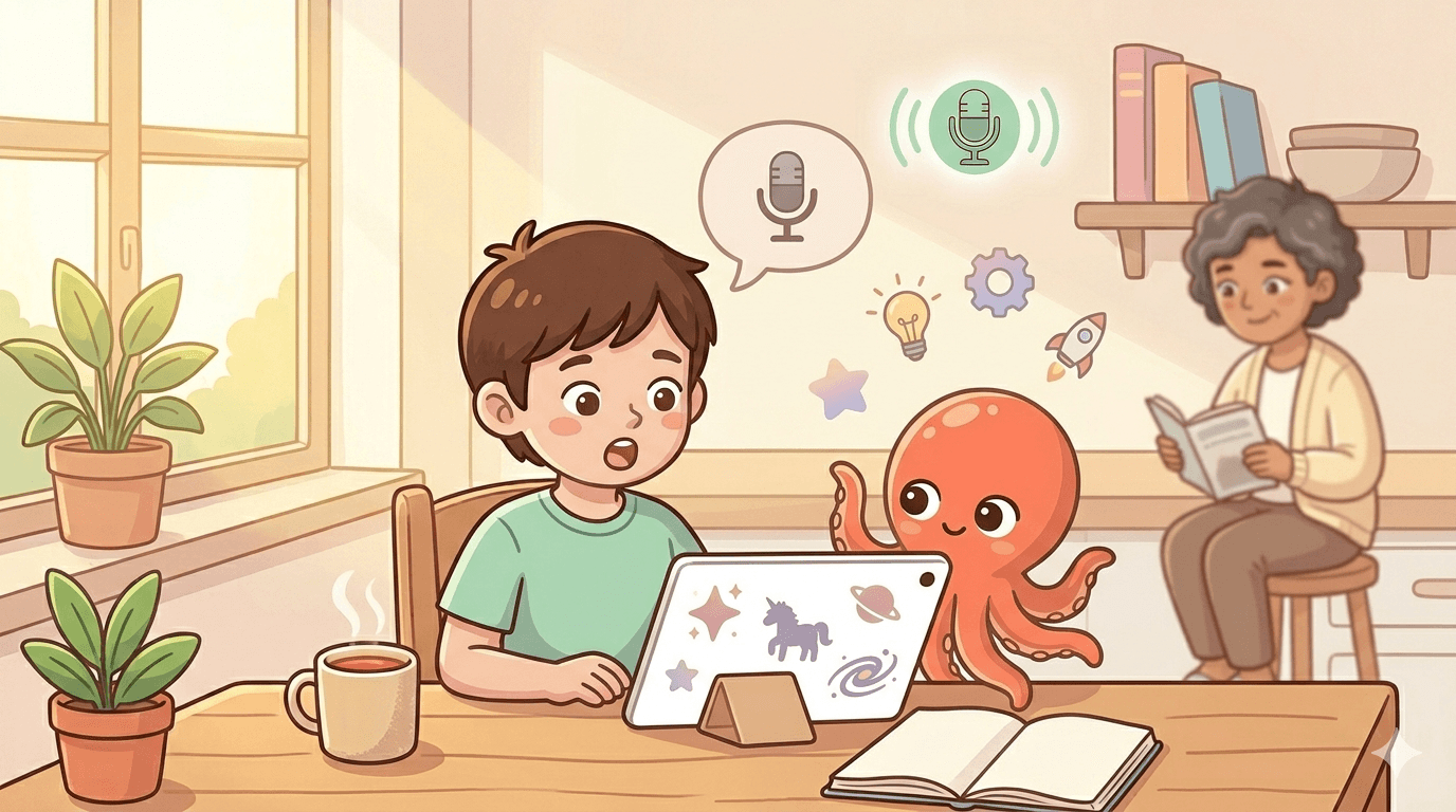 Alfabetización en IA para niños de 7 años: una niña sentada en la mesa de la cocina le da una instrucción de voz clara a Loo, el simpático pulpo de IA, mientras su madre observa