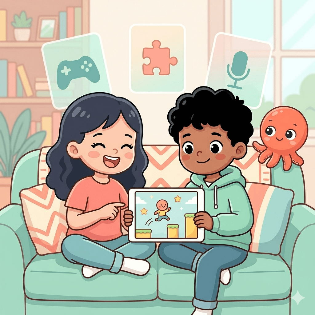 Roblox alternatives for kids: two children at home creating their own safe game on a tablet instead of playing strangers' Roblox games