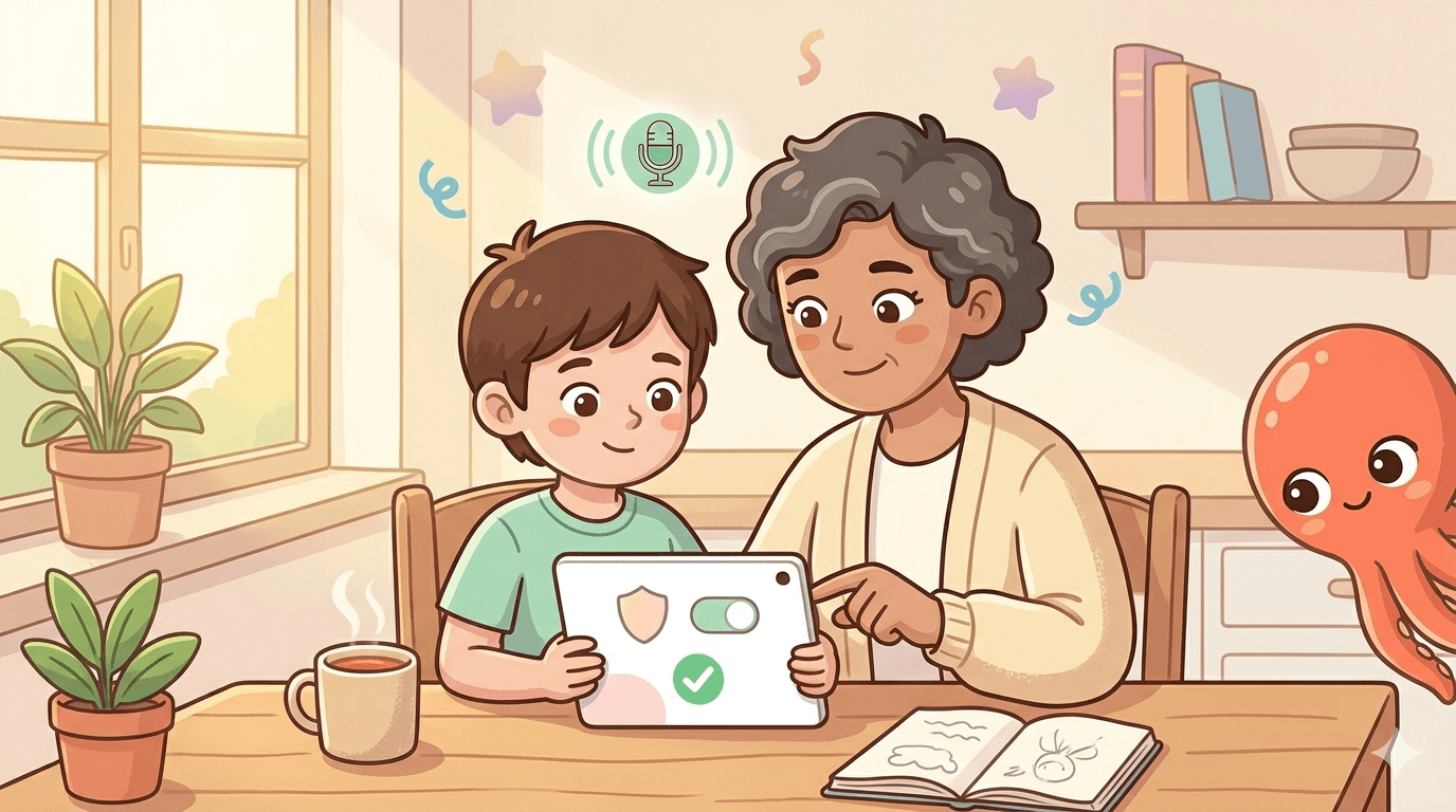 Roblox safety 2026: a parent and child sit at a kitchen table reviewing the new Roblox Kids account settings on a tablet