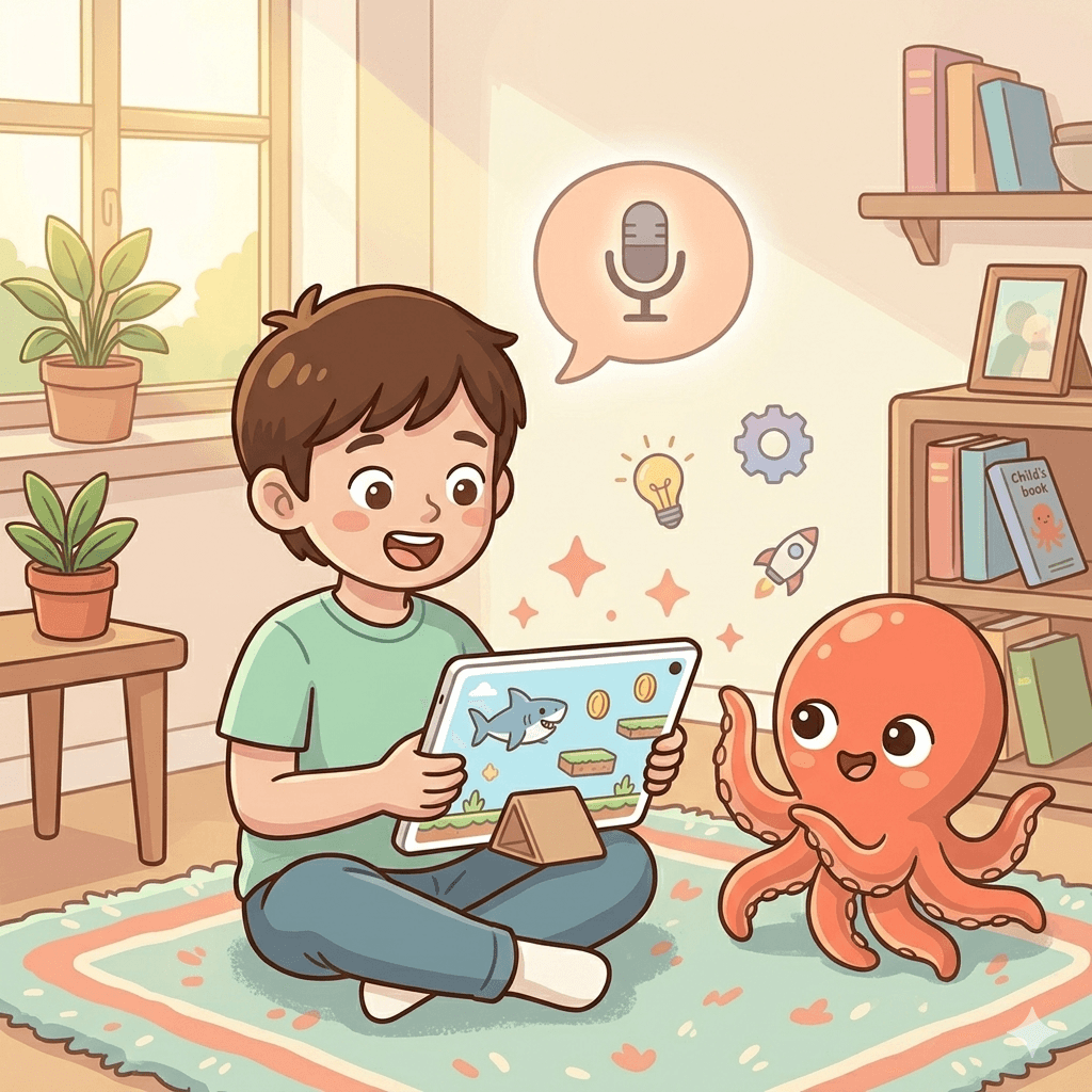 A child speaking into a tablet microphone while a game world forms on screen, a voice-first alternative to Scratch