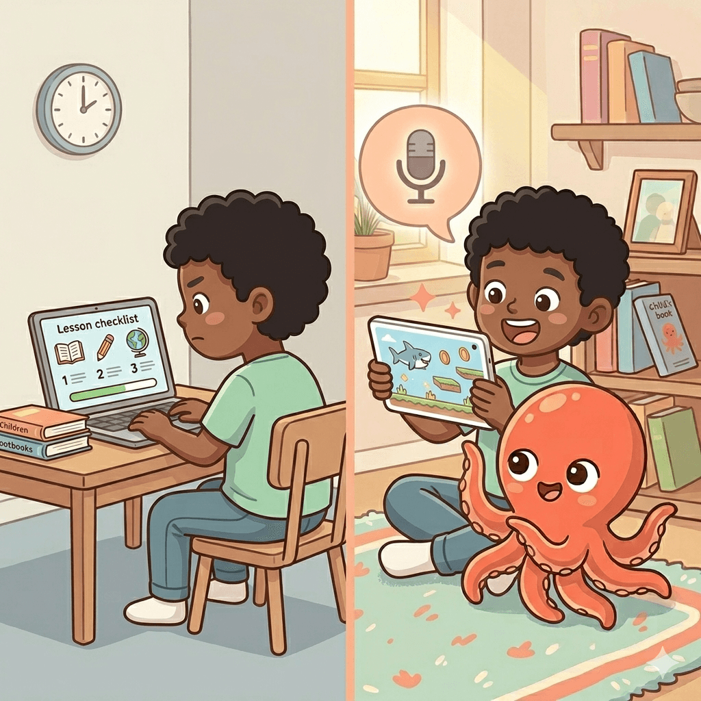 Tynker vs Buildaloo: structured lesson modules on one side and a child directing an AI to build a game on the other