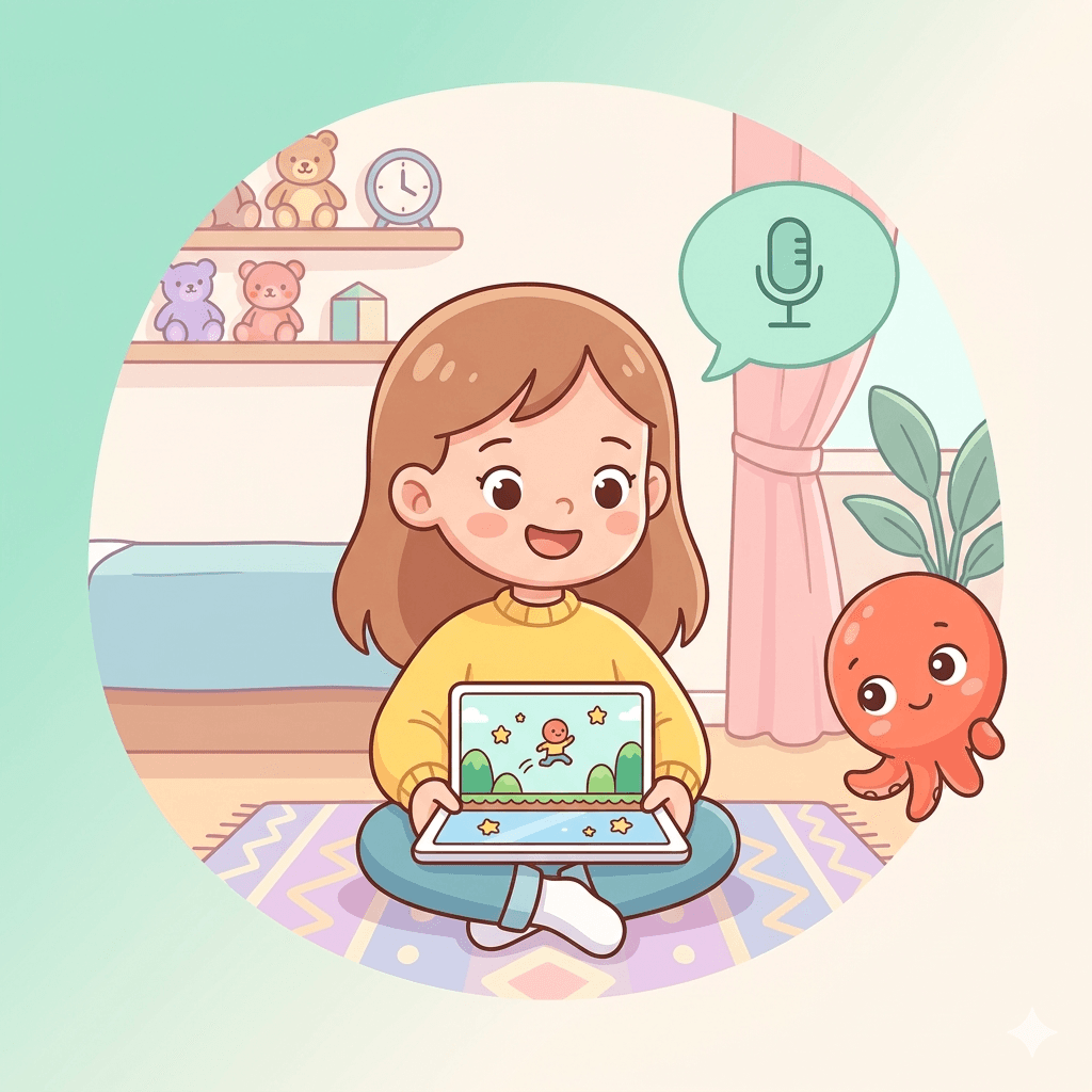 Vibe coding para peques: una niña pequeña construye su propio juego en una tablet describiéndolo en voz alta, junto a Loo, el pulpo IA amistoso