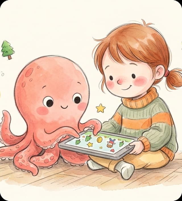 A girl and Loo the octopus building a game together on a tablet
