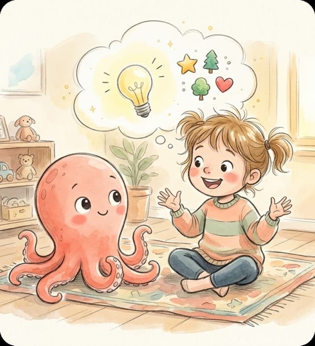 Loo the octopus listening as a child imagines a game, a lightbulb thought bubble floating above