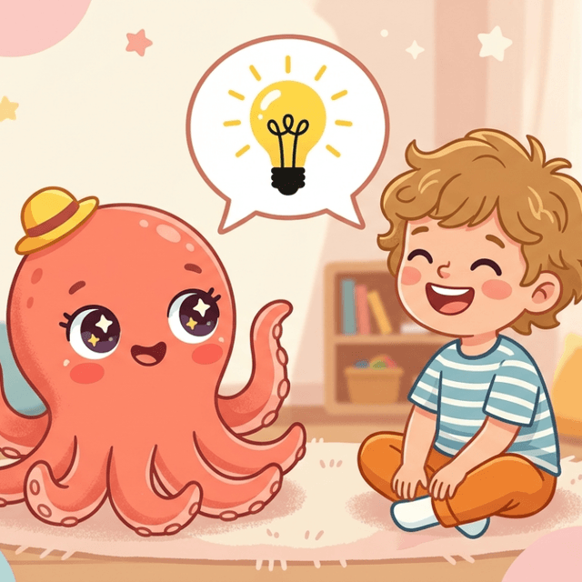 Loo the octopus chatting with a child about their game idea