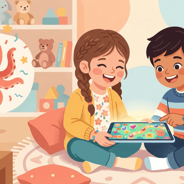 Two kids sharing a game on a tablet