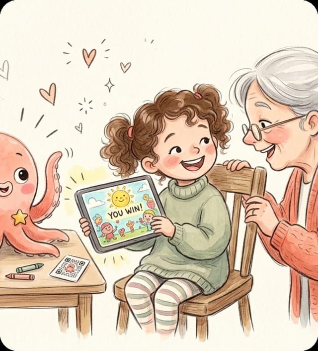 A child proudly showing her finished game to her grandma while Loo cheers