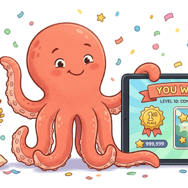 Loo the octopus proudly showing a completed game on a tablet