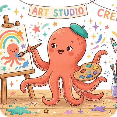 Loo the octopus painting in a colorful art studio