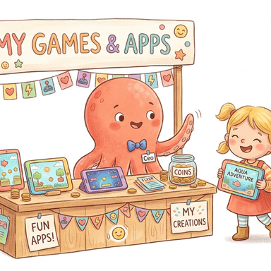 Loo the octopus at a market stall selling games and apps