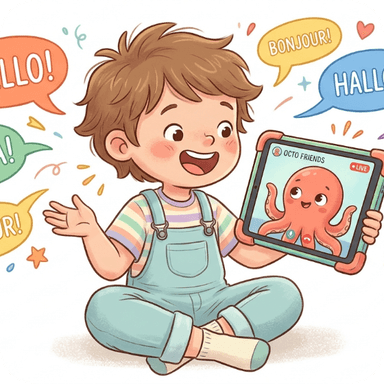 Loo the octopus chatting with a child in multiple languages