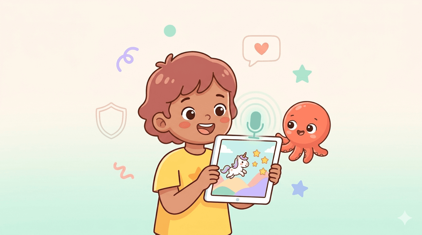 Melhor app de programação para 7 anos: uma criança de 7 anos fala ao tablet para criar o seu próprio jogo com o Loo, o amigo IA, sem escrever nem ler. Melhor app de programação para 7 anos: uma criança de 7 anos fala ao tablet para criar o seu próprio jogo com o Loo, o amigo IA, sem escrever nem ler.