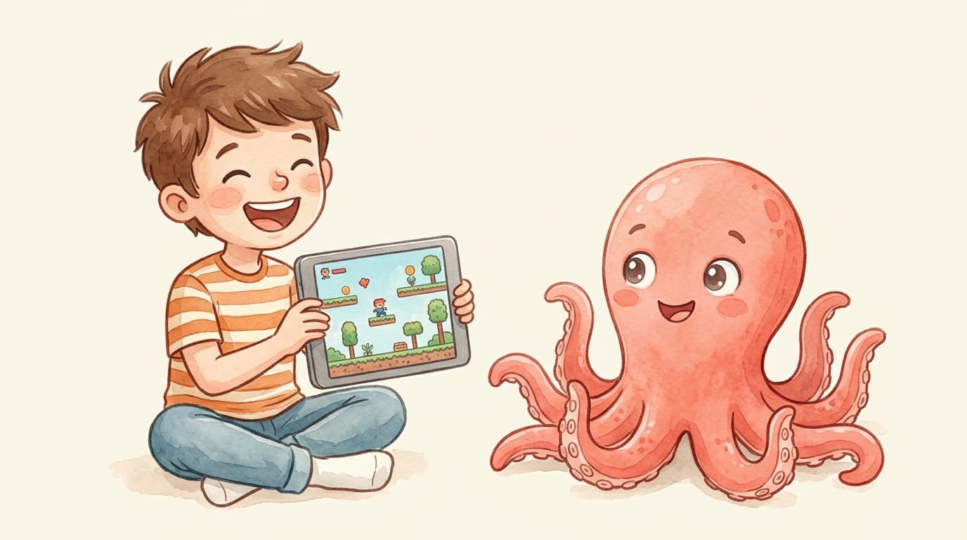 Loo the octopus holding a colorful video game controller