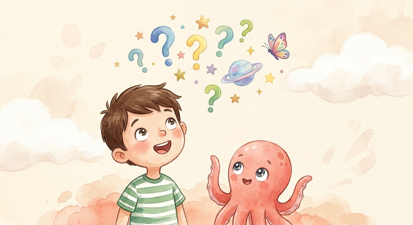Loo the octopus surrounded by floating colorful question marks and stars