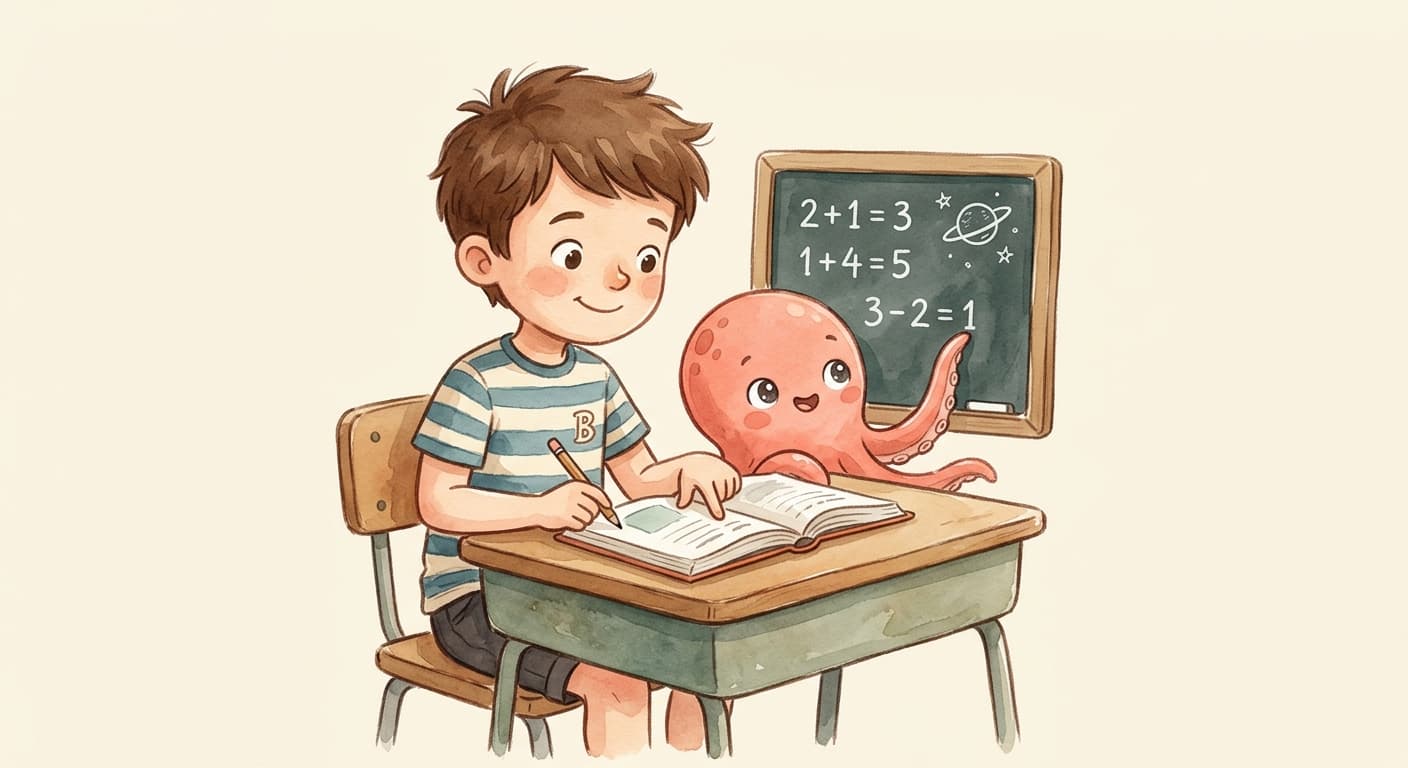 Loo the octopus at a school desk with an open book and a chalkboard with simple math