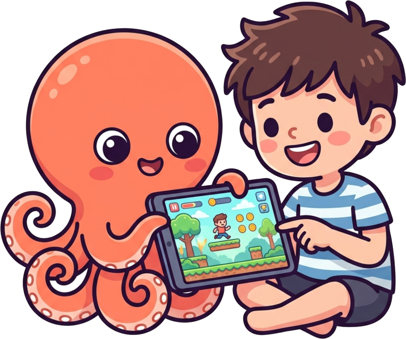 Loo helping a kid learn while building a game on a tablet