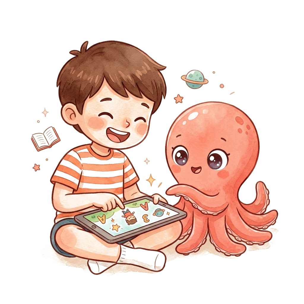 A boy actively building a game on his tablet while Loo the octopus leans in to help beside him